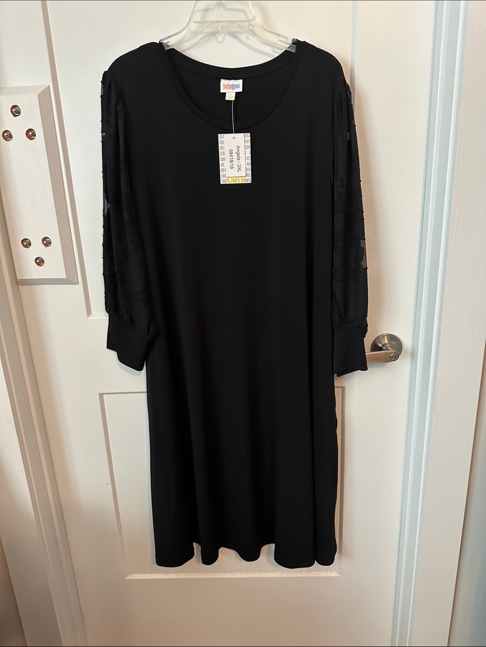 LuLaRoe Black Midi Dress with Sheer Paneled Sleeves